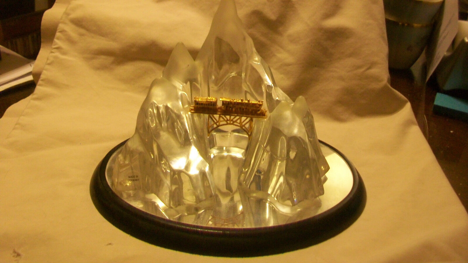 THE GLACIER EXPRESS CRYSTAL FIGURINE WITH GOLD TRAIN IN THE ALPS. FROM GERMANY
