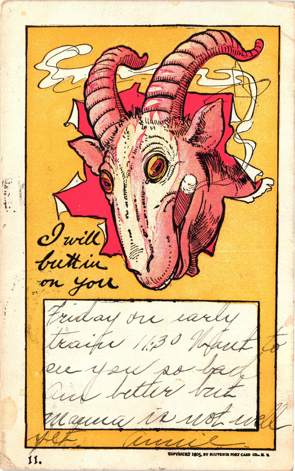 I Will Butt In On You Ram Smoking Cigar Comic Postcard Posted Undivided Back
