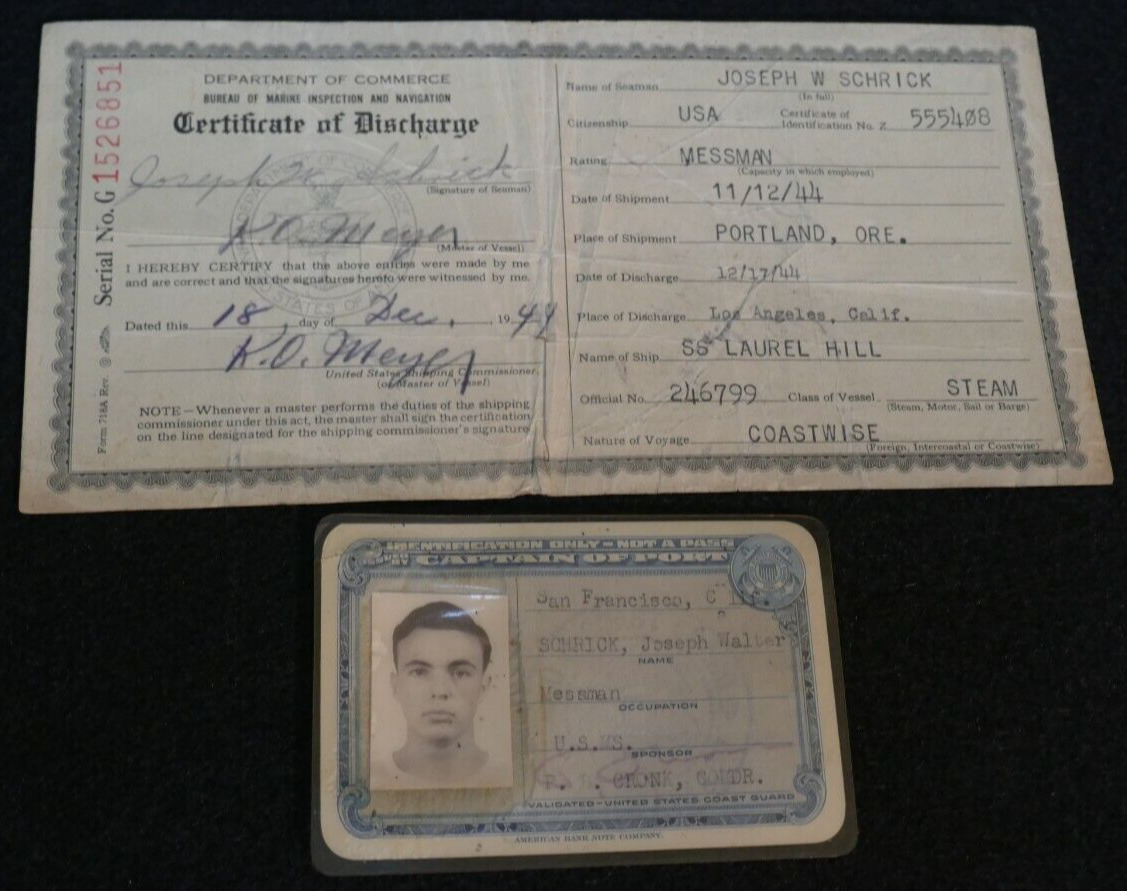 WWII USMS Maritime Service Merchant Marines ID & Discharge 1944 - Joseph SCHRICK