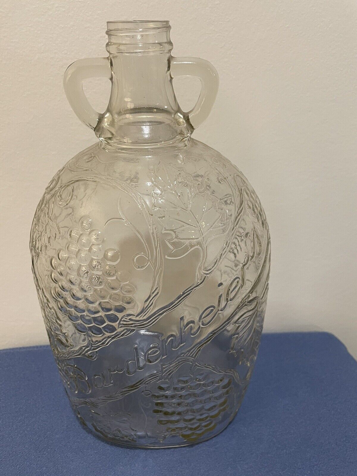 Vintage Bardenheier embossed clear glass one gallon wine jug with two handles