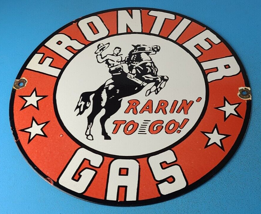 Vintage Frontier Gasoline Sign - Western Motor Oil Gas Pump Porcelain Sign