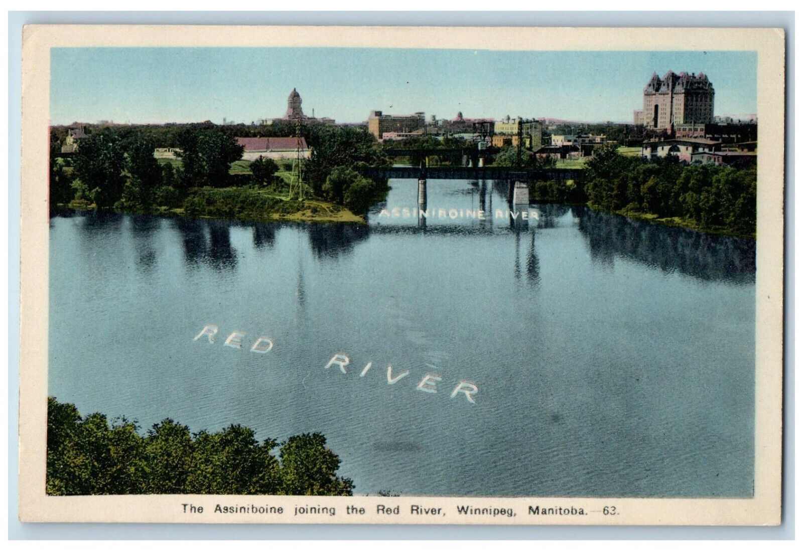Winnipeg Manitoba Canada Postcard Assiniboine Joining Red River c1930\'s