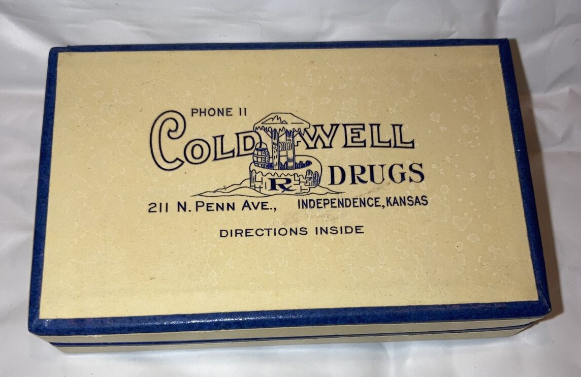 Vintage Cold Well Drugs Pharmacy Pill Box Independence KS With Logo, Unused