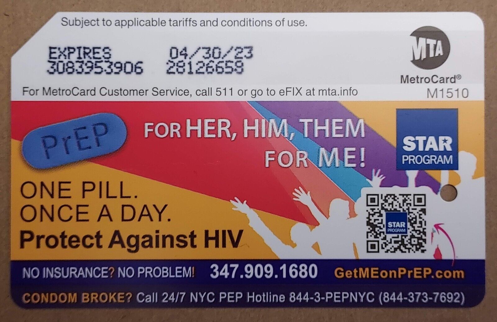 Collectible NYC MetroCard - Expired PrEP HIV Pill ad
