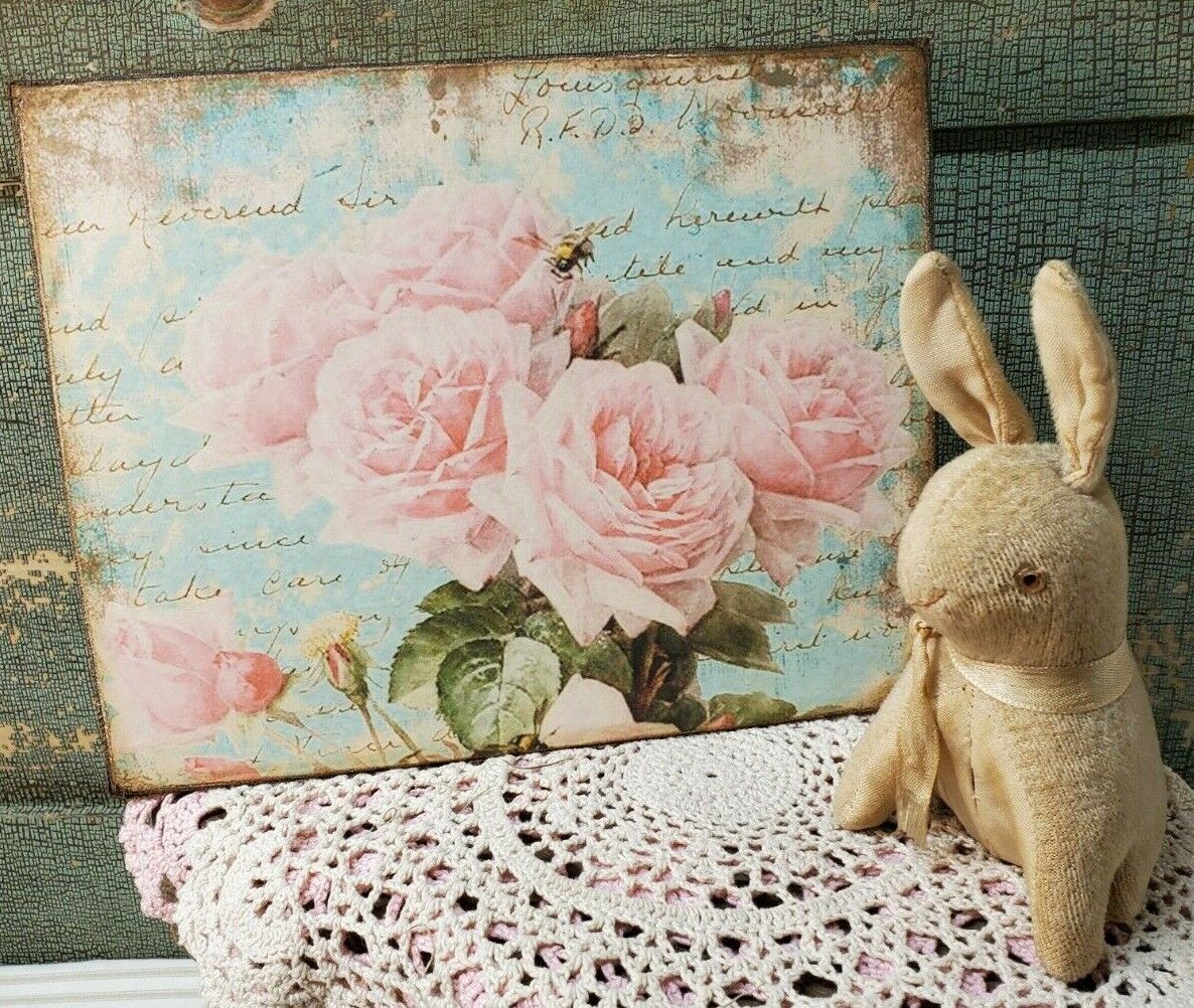 PRETTY VINTAGE PRIMITIVE FRENCH SHABBY VICTORIAN STYLE PINK ROSE GARDEN BEE SIGN