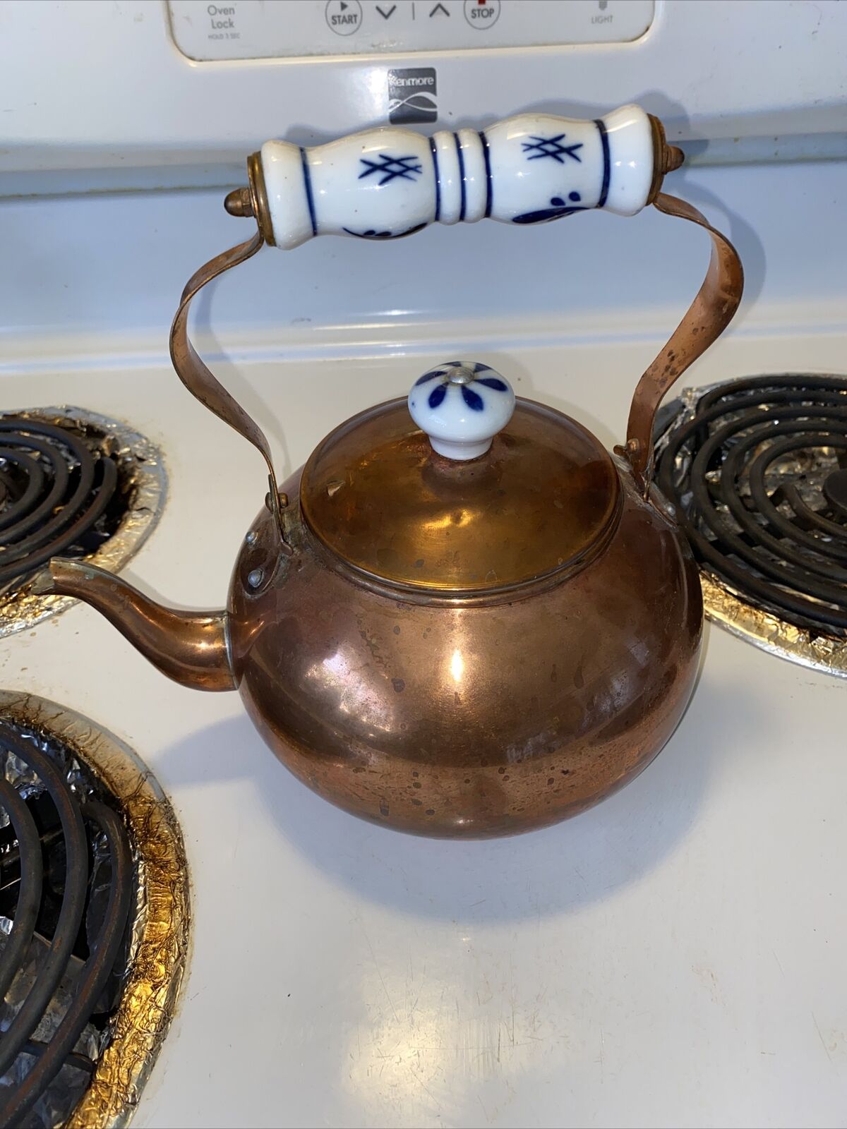 Copper tea kettle vintage teapot porcelain cobalt blue and white handle kitchen