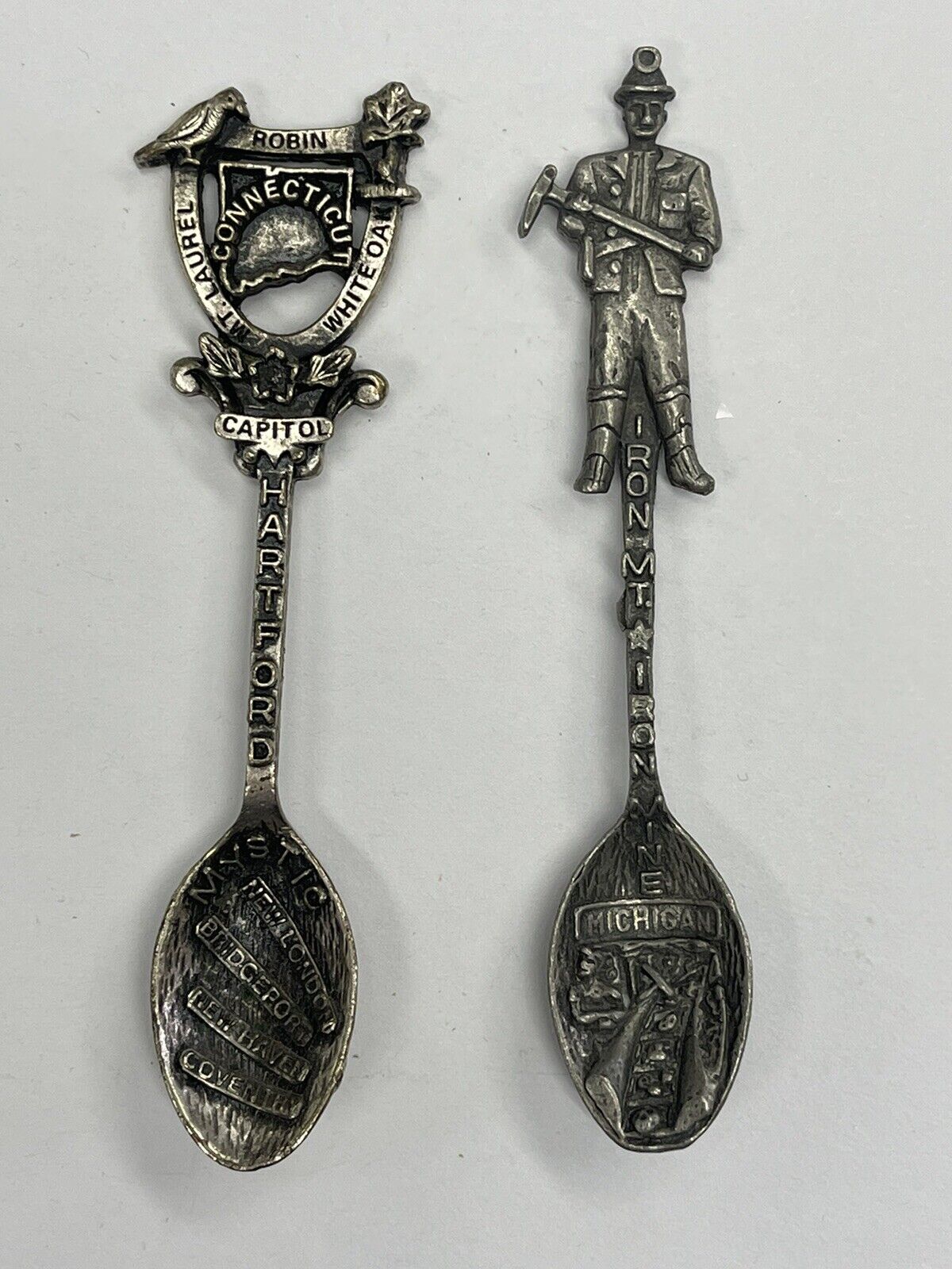 2 Gish Collectible Pewter Spoons. State Connecticut and Miner Michigan/ iron MT.
