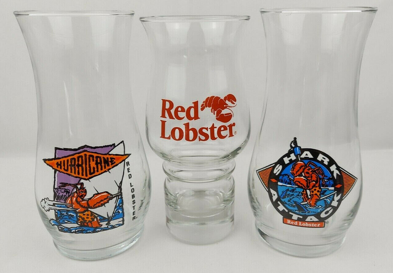 Lot Of (3) Vintage Red Lobster Drinking Glass 20oz - Hurricane, Shark Attack 
