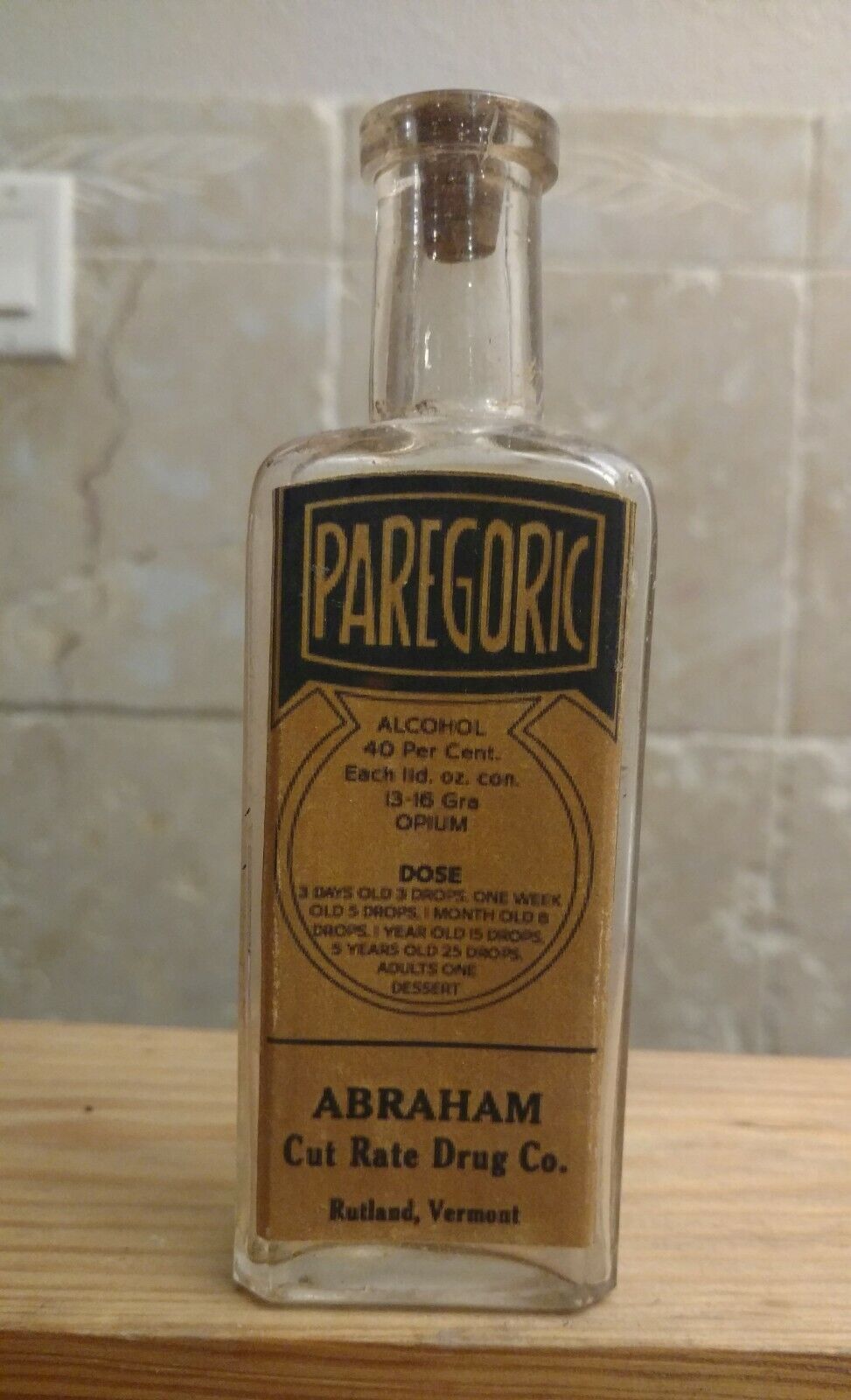 Vintage Medicine Hand Crafted Bottle, Paregoric w/Opium, Abraham (EMPTY, COPY)