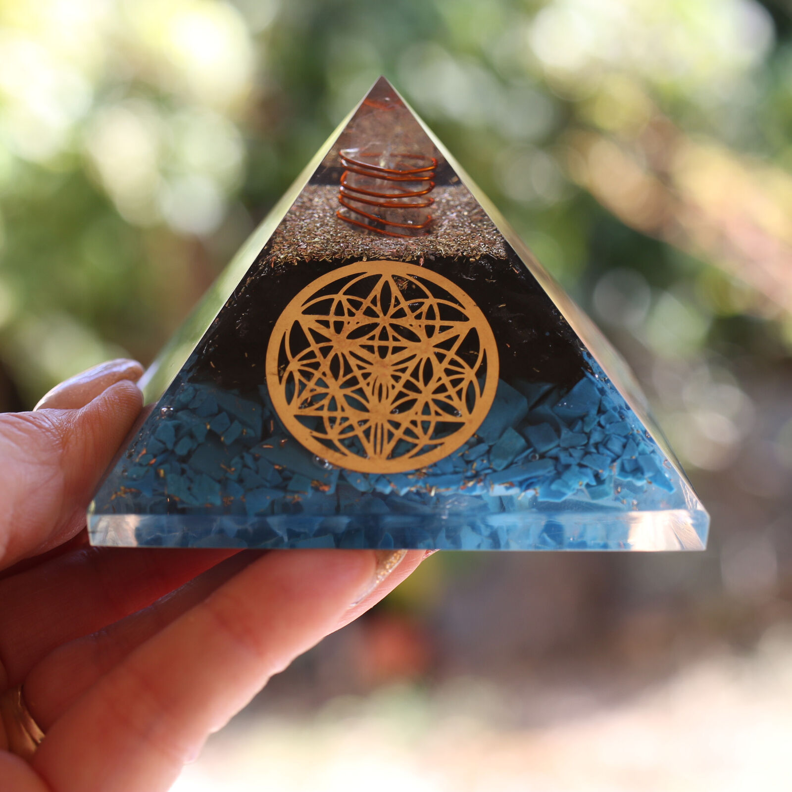 Entirely Zen Shungite & Turquoise Orgone Pyramid XL 75mm 3in EMF & 5G Protection