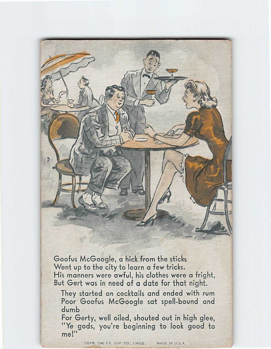 Postcard Love/Romance Greeting Card with Poem and Lovers Waiter Comic Art Print