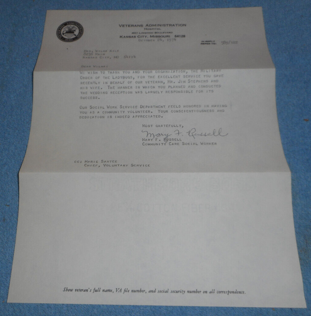 1974 Veterans Administration Hospital Kansas City MO Signed Letter To Wilma Kile