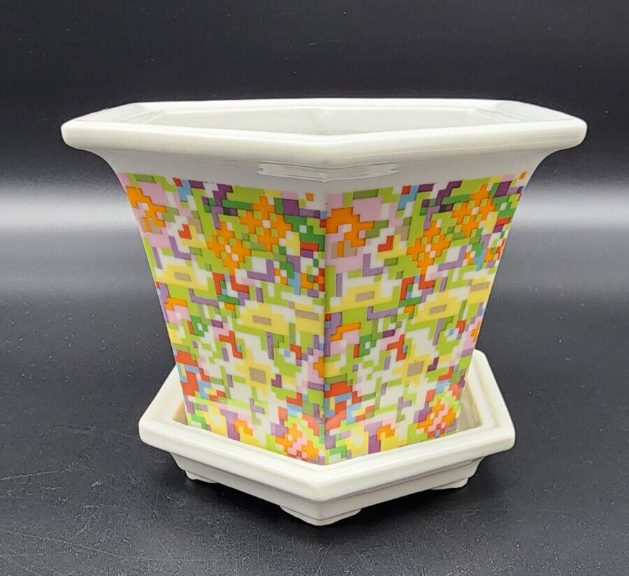 Vtg Chinese Porcelain Hexagon Planter Flower Pot W/ Underplate Colorful Bright