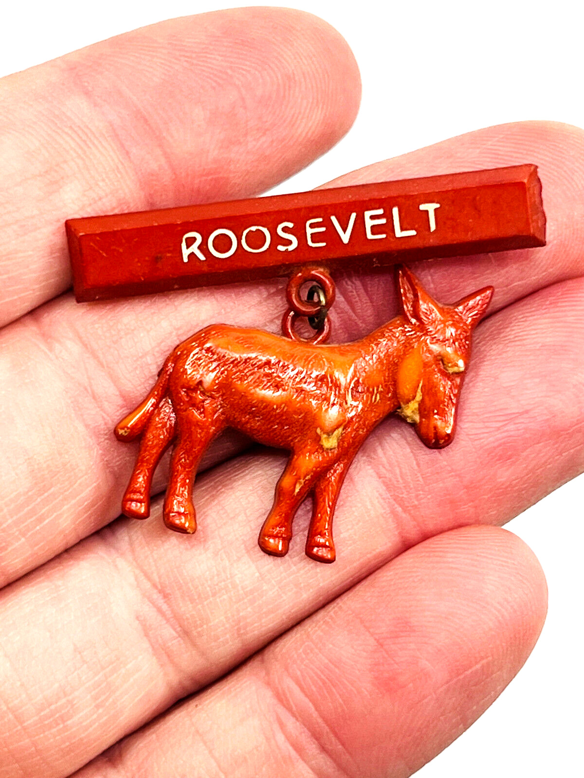 Original Antique 1940 FDR Franklin Roosevelt Donkey Celluloid Plastic Pin RARE 