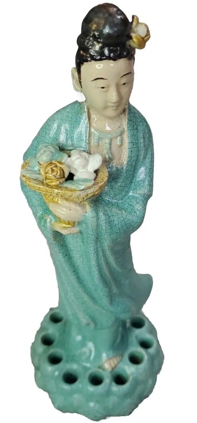 Vintage Frog Flower Holder Chinese Lady Figurine Crackled Glaze 8 1/2\