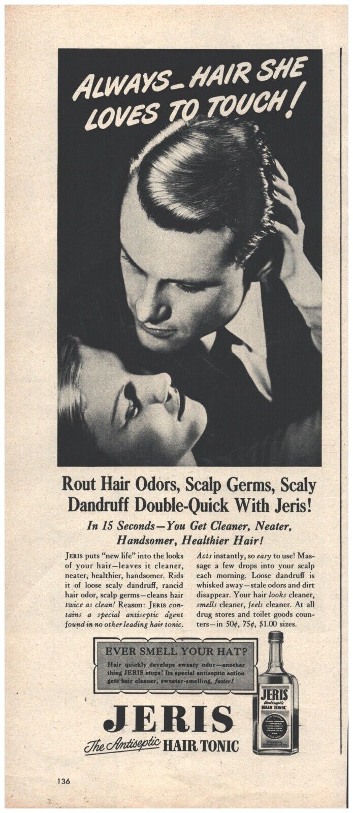 1947 Jeris Hair Tonic Scalp Cleaner Dandruff Vintage Original Magazine Print Ad