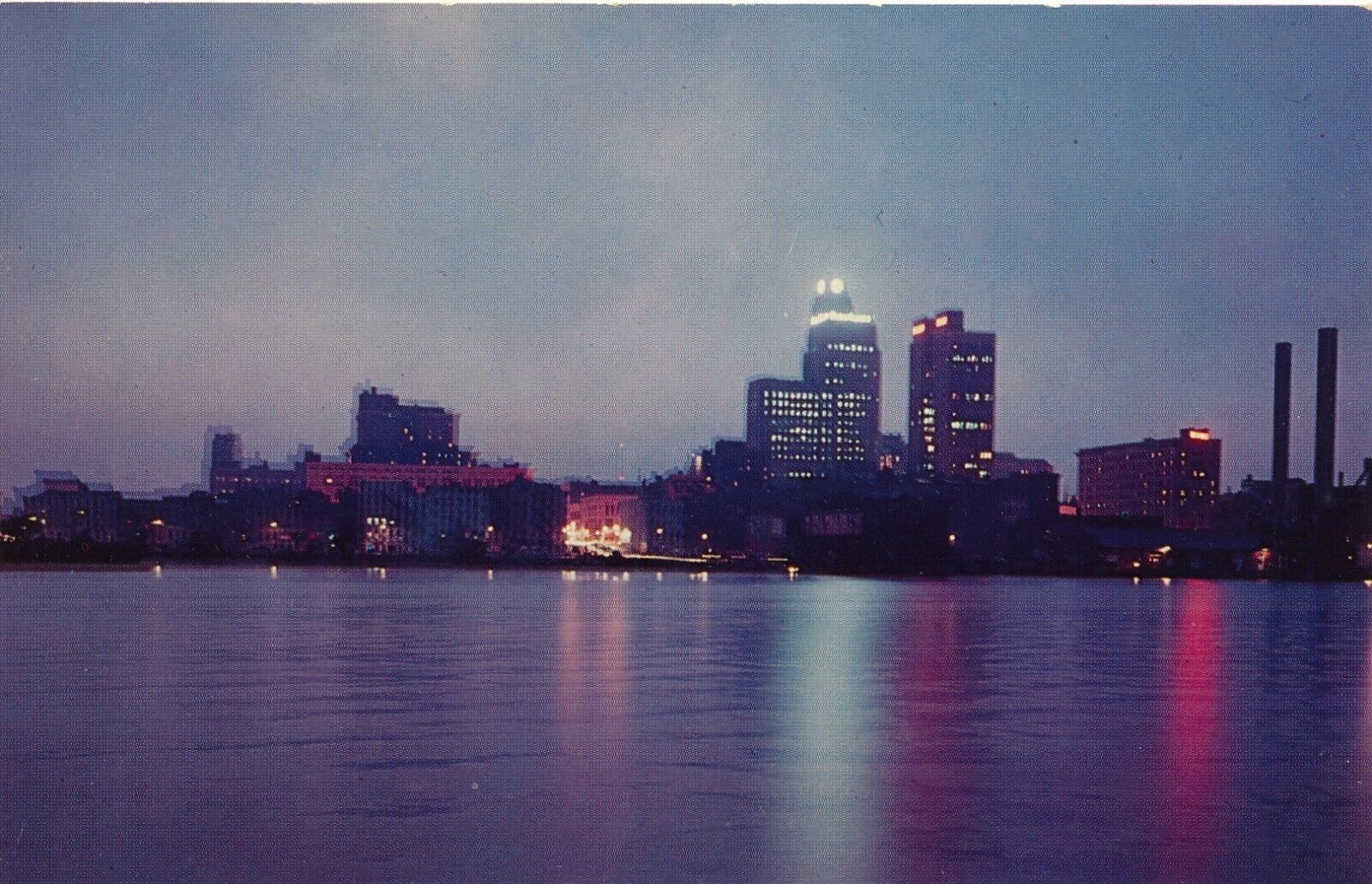Across the Maumee River toward Downtown Toldeo, Ohio Night 1963 postcard