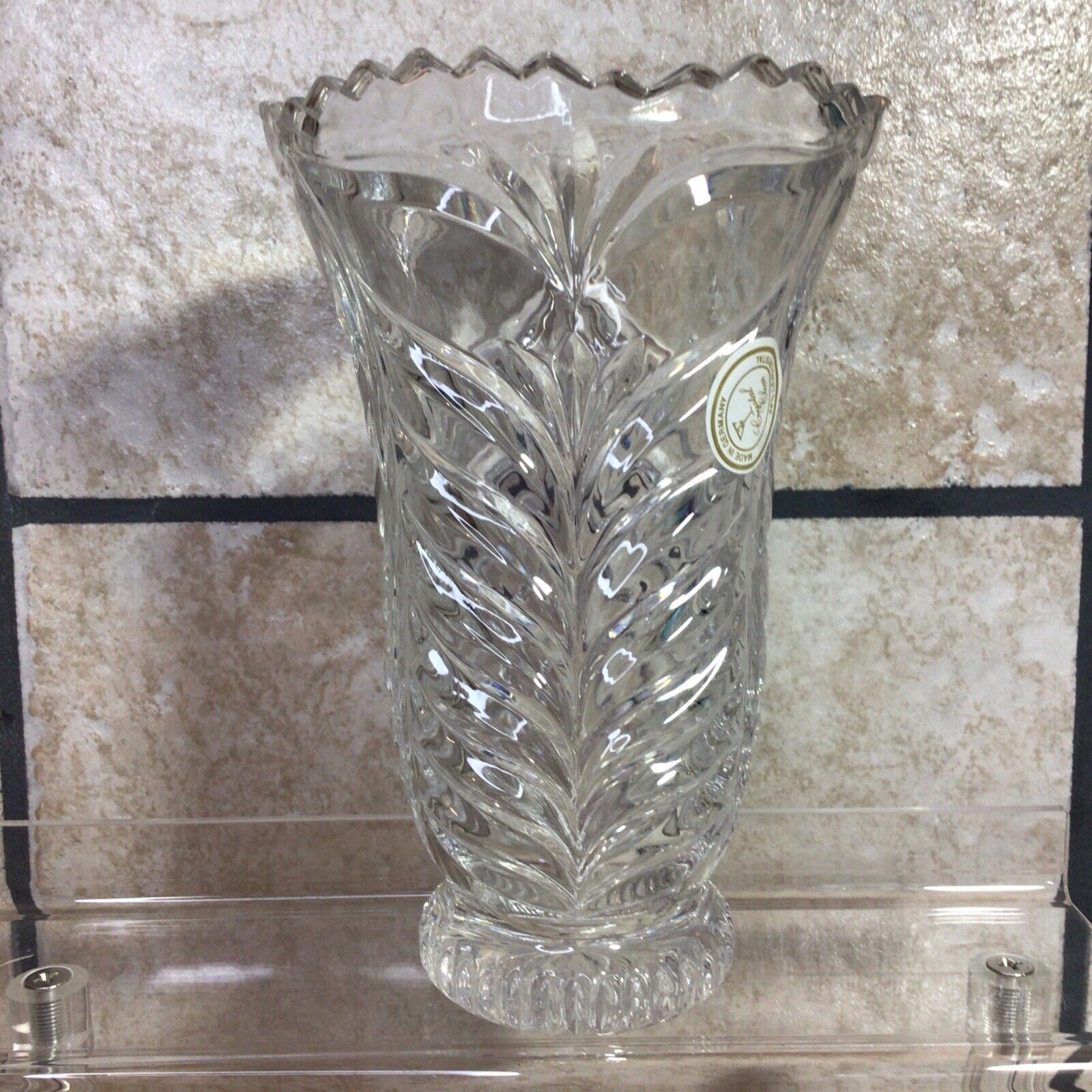 Lead Crystal 24% Vase 6” Footed Cut Glass Braided Pattern Jagged Edge Germany