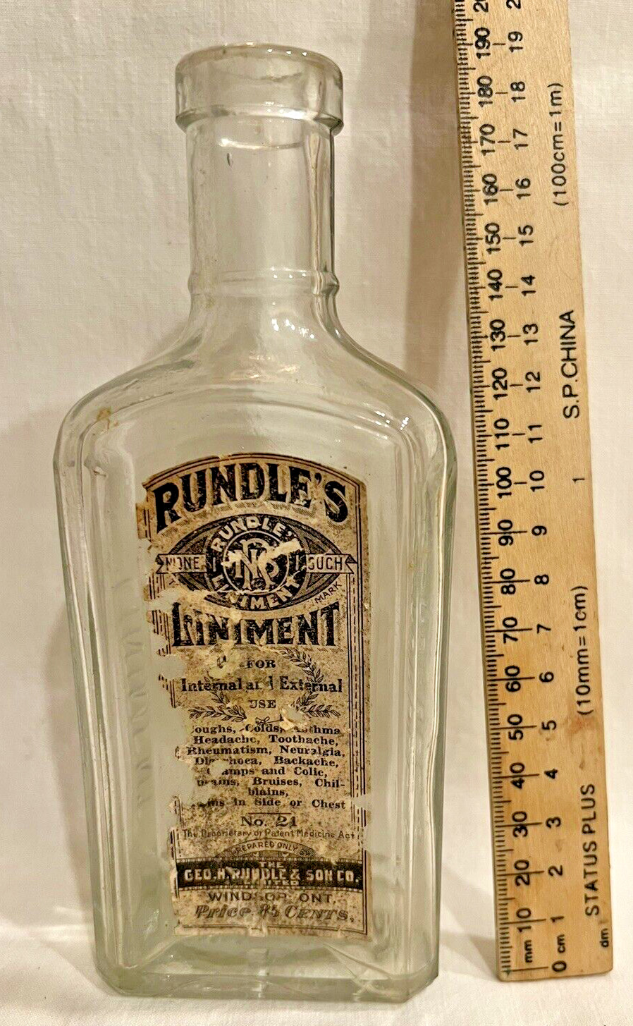 Vintage Medicine NONE-SUCH RUNDLE’S LINIMENT Bottle - Windsor, Ontario, Canada