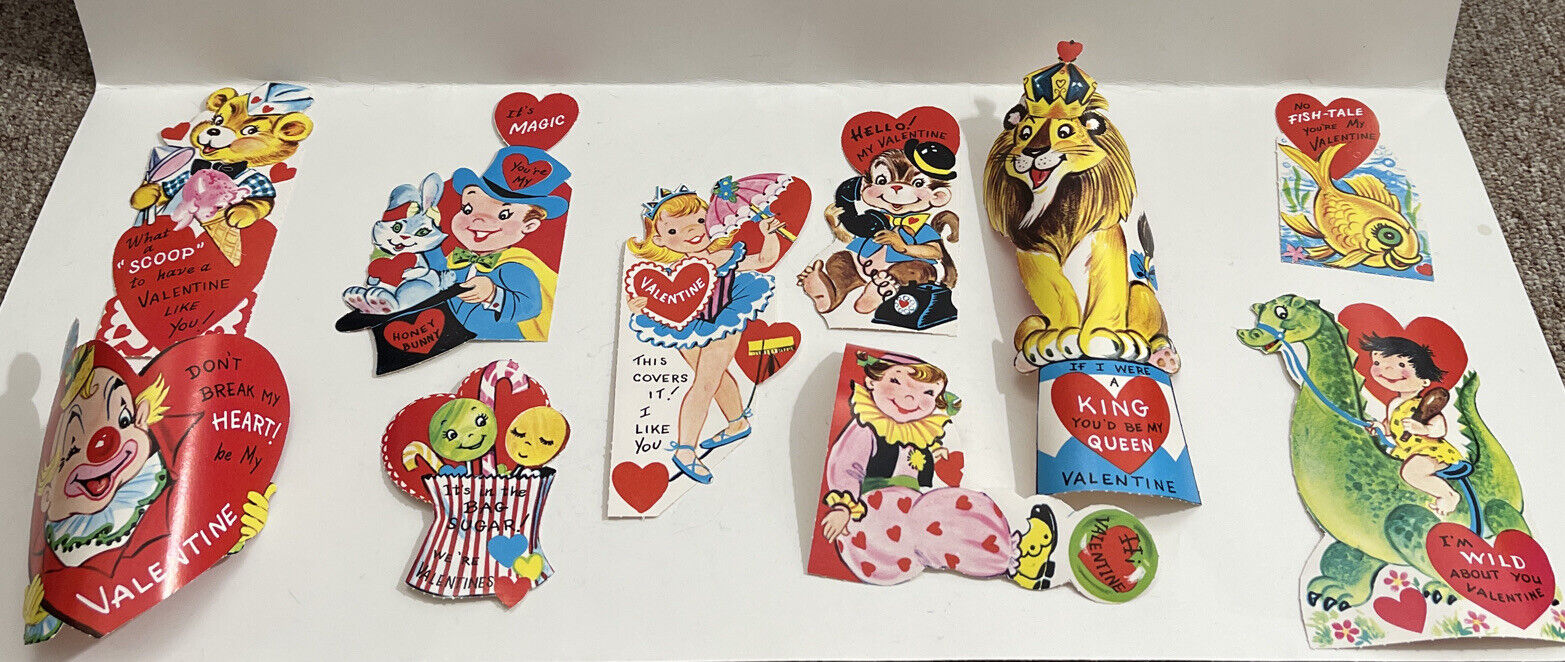 LOT OF 10 VINTAGE CHILDS VALENTINES DAY CARDS anthropomorphic Circus, Clown,