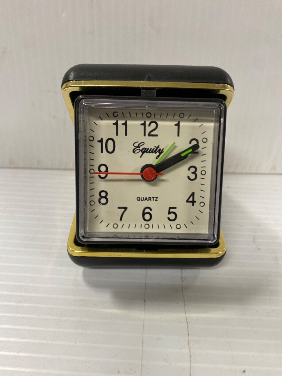 Vintage Equity folding Travel Alarm Analog Clock Wind Up Black Case ~ Not Tested
