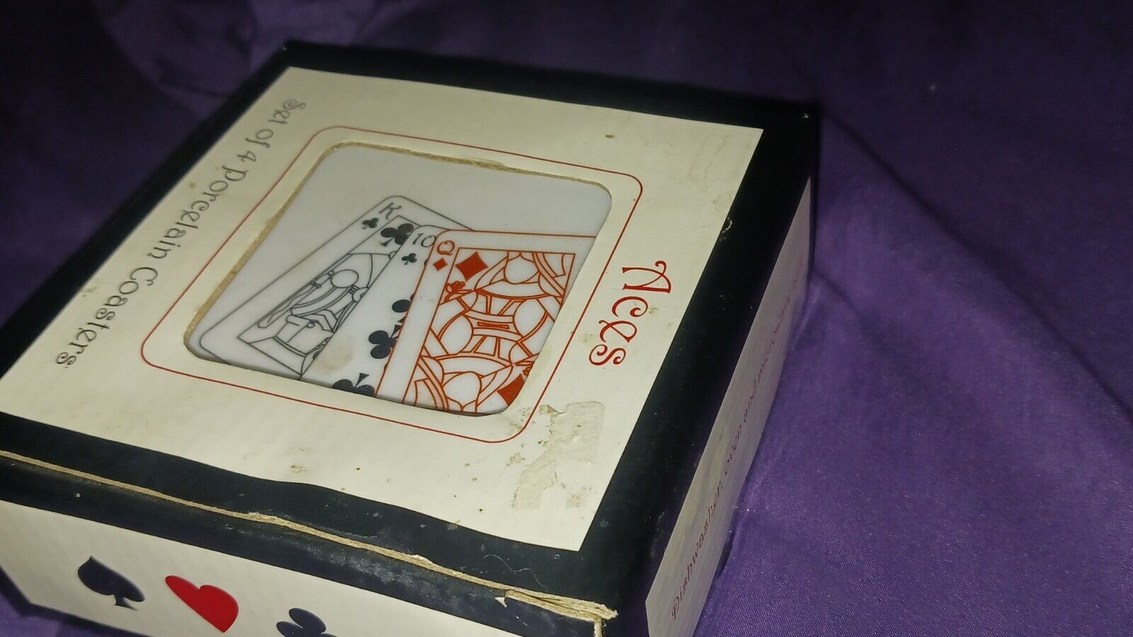 21 YEAR OLD, NEVER USED PORCELAIN SET OF 4 COASTERS PLAYING CARDS GAMBLING ACES