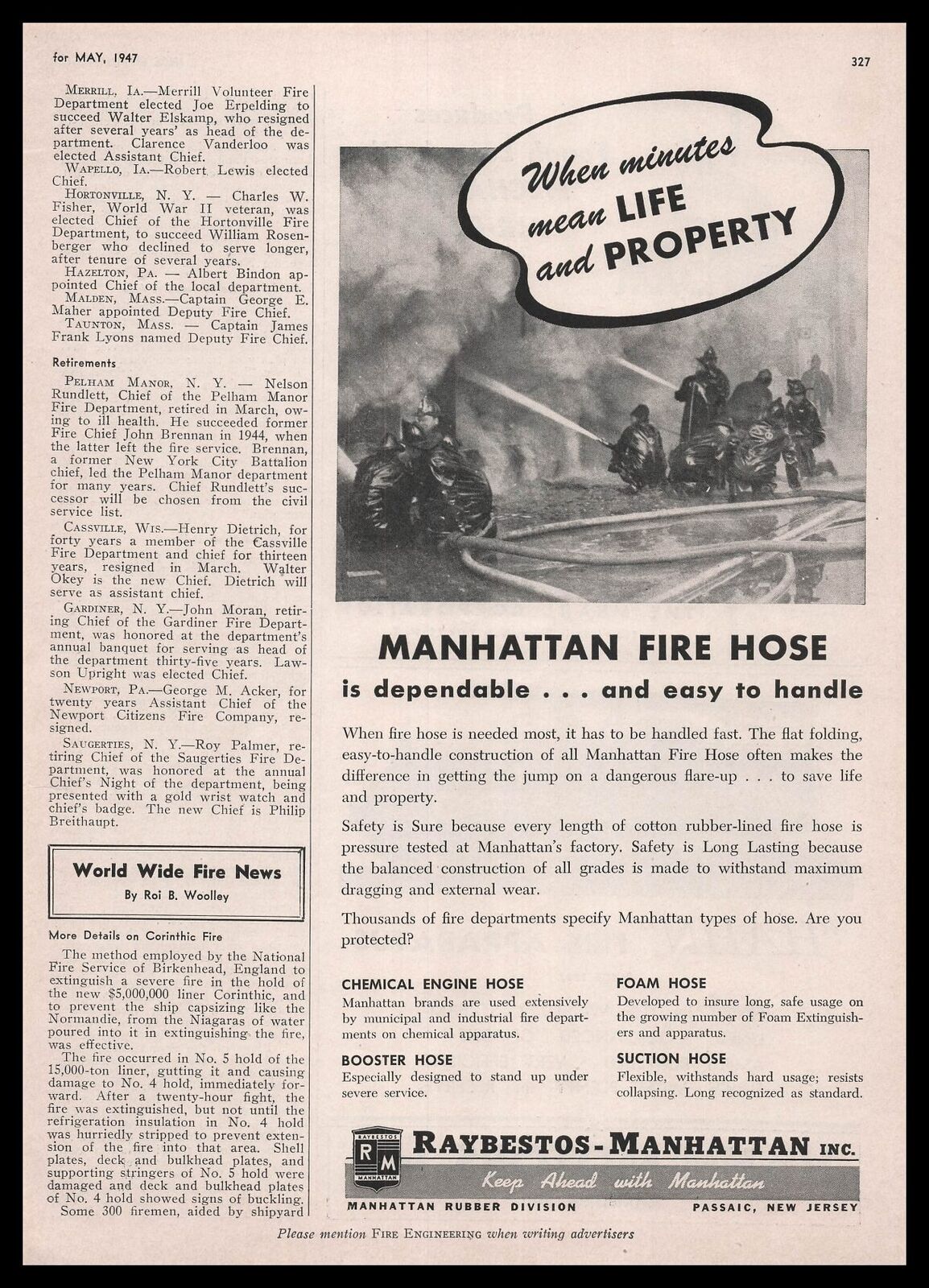 1947 Raybestos Manhattan Rubber Passaic New Jersey Fire Hose Photo Print Ad