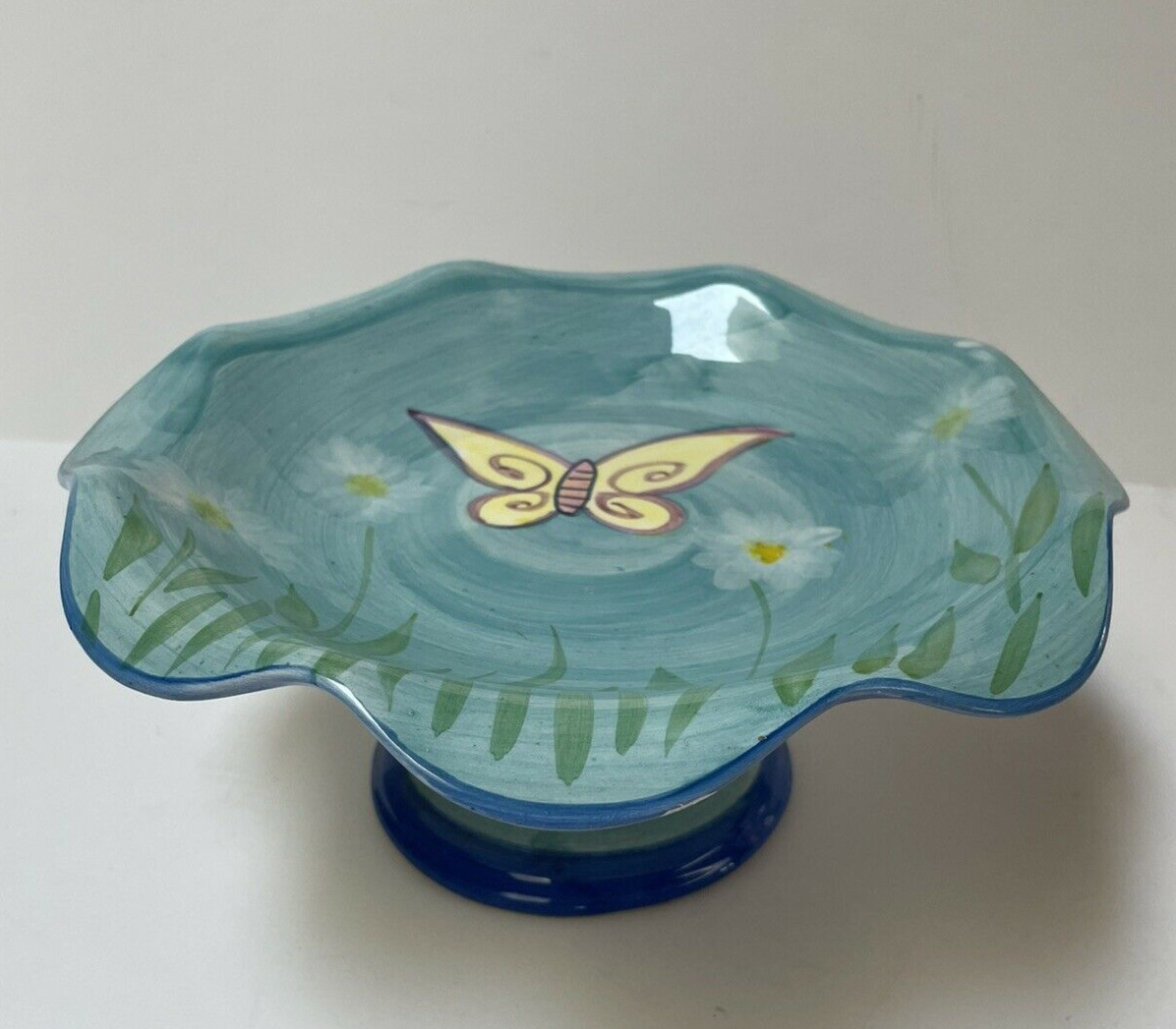 WCL China Butterfly Pedastal Cake Stand Plate Blue Green Yellow 10 inch x 4 in