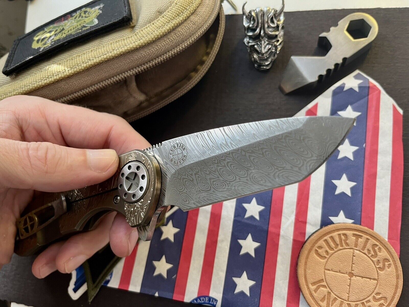 Curtiss Knives F3  ONE OF THE KIND PIECE - Gold/Brass Titanium, Thick Damasteel