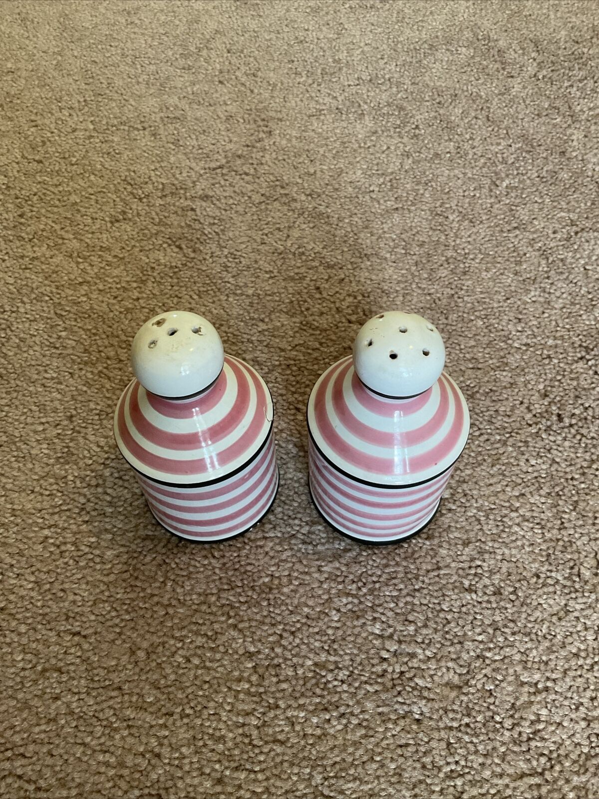 Vintage Salt And Pepper Shakers Pink And White Stripes Marked ITALY