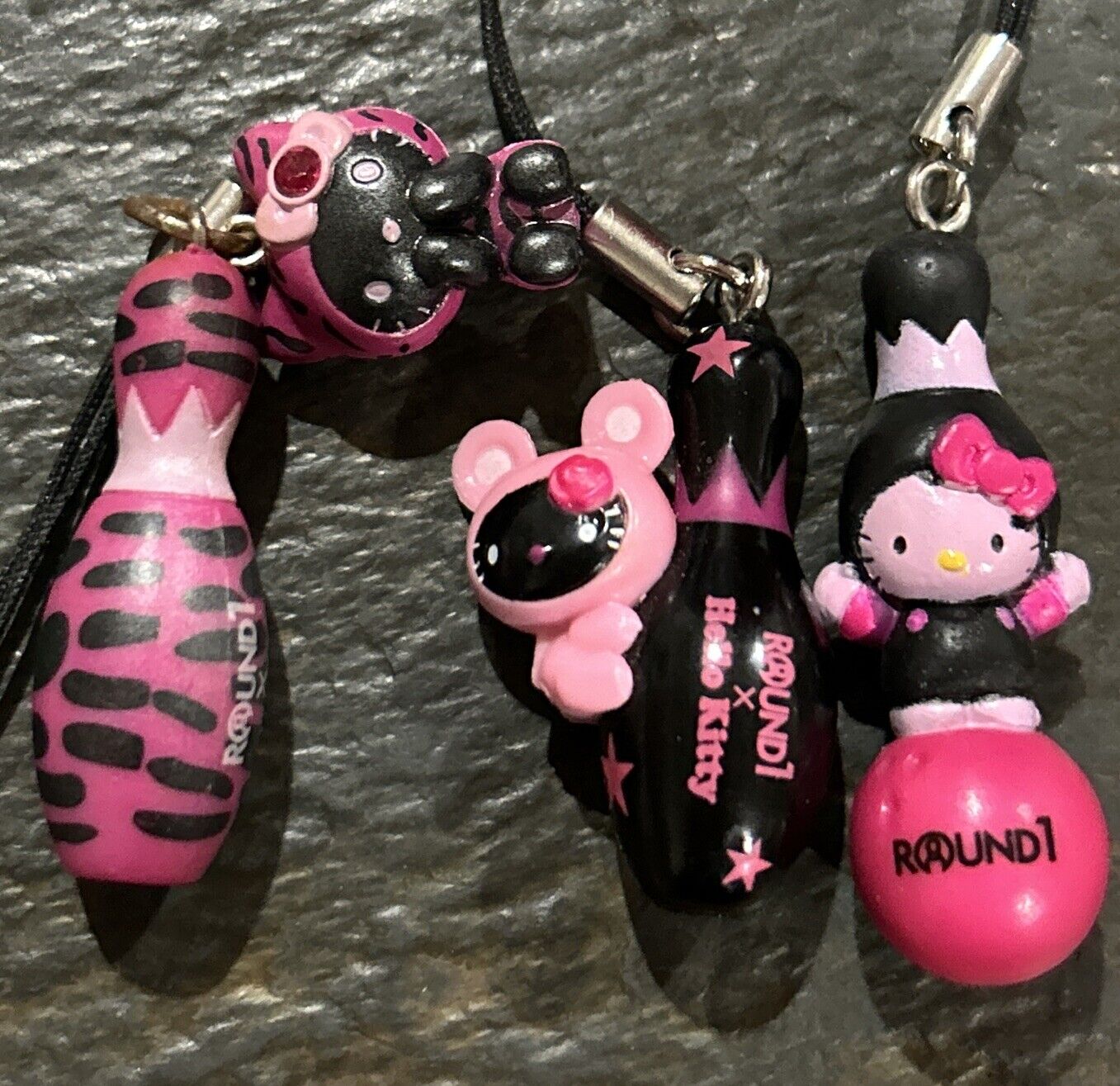 Set Of 3 Sanrio ROUND1 x Hello Kitty Phone Charm Strap Black Pink  2012 RARE