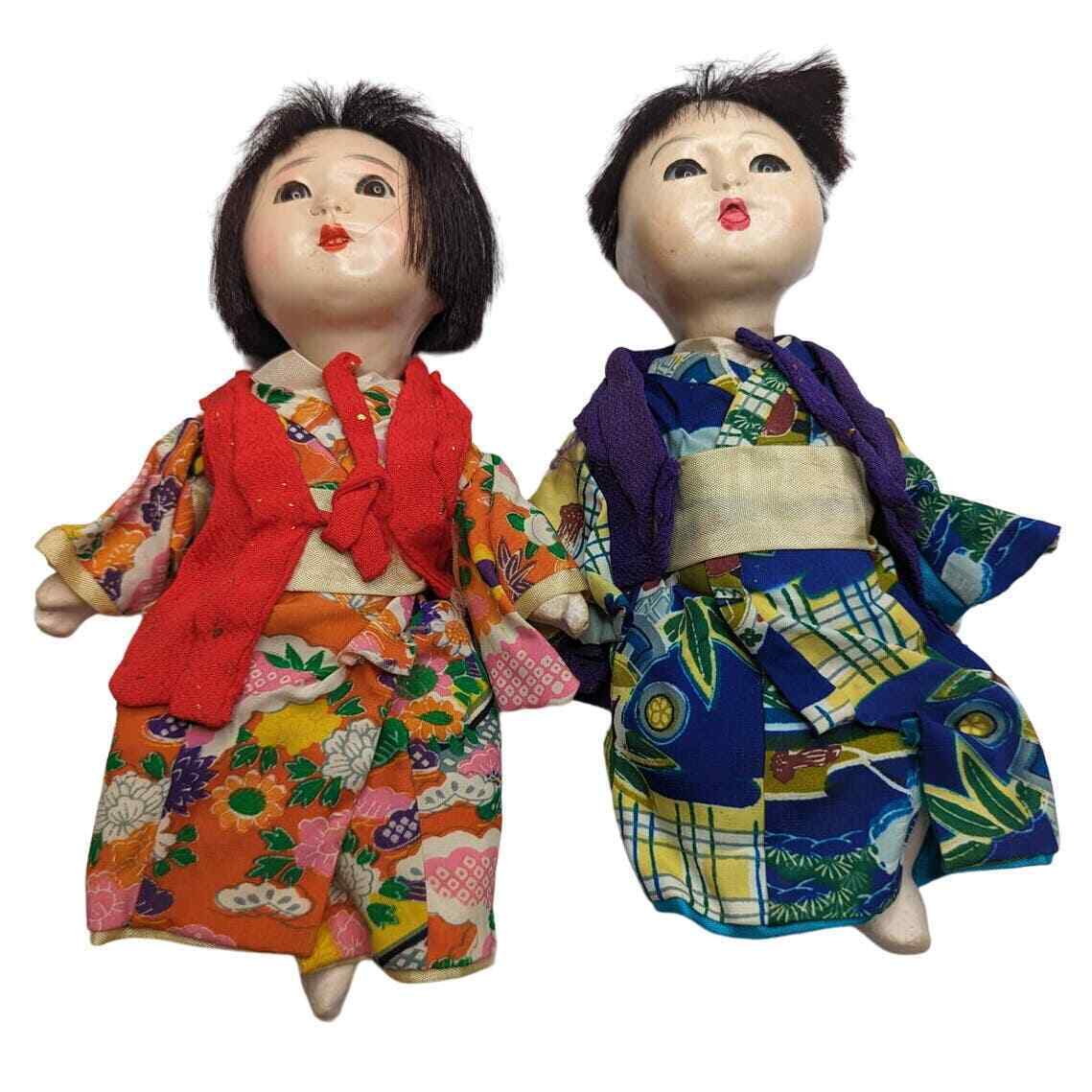Vtg Antique Japanese Baby Girl & Boy Jointed Doll Lot Gofun Ichimatsu Glass Eyes