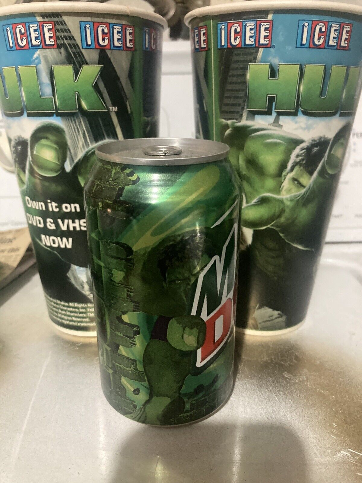 Incredible Hulk 2 Icee Cups And A Mountain Dew Can