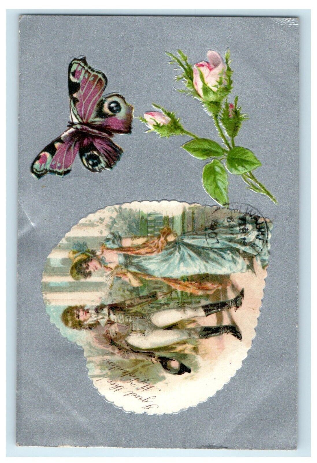 1907 Valentine Beautiful Girls In Heart Shape With Butterfly Flowers Postcard