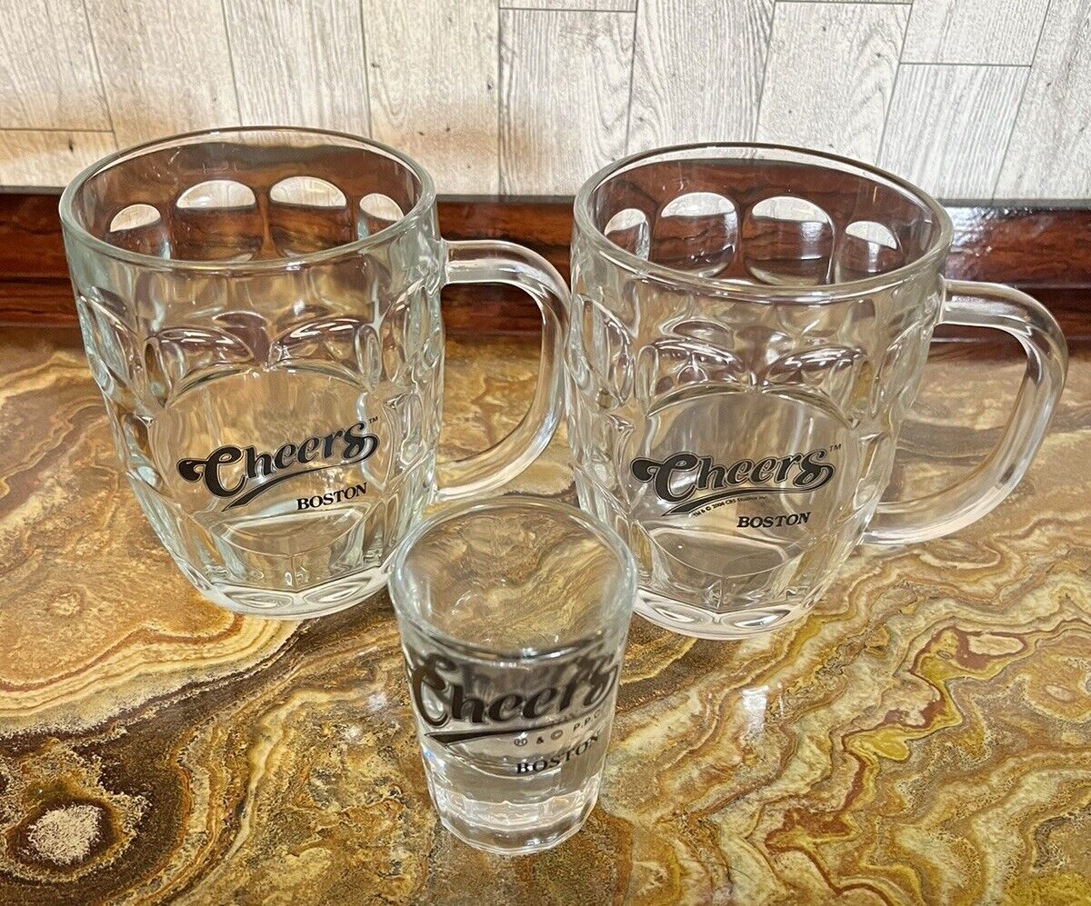 CHEERS Beer Pub Mugs (2) Dimpled Glass Vintage Collector 16oz & Heavy Shot Glass