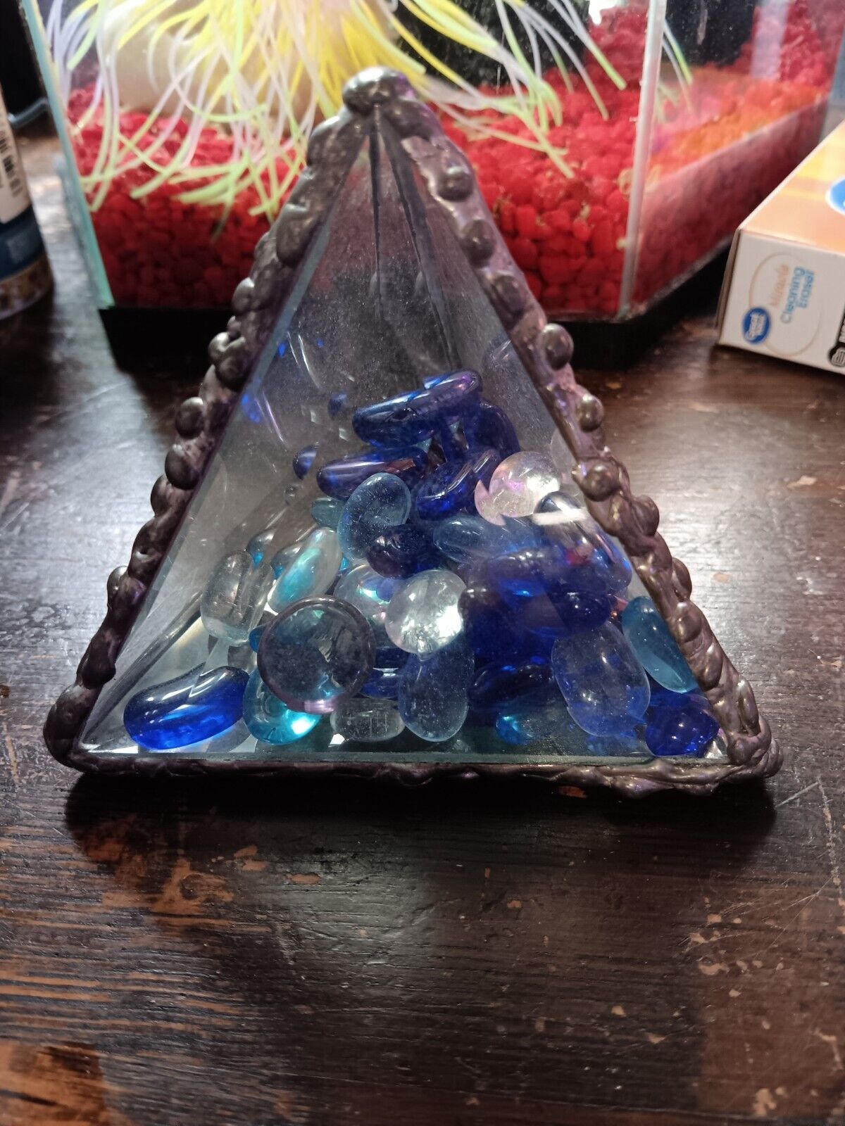 Vintage Faceted Glass Pyramid paperweight glass pebbles inside-UNIQUE RARE