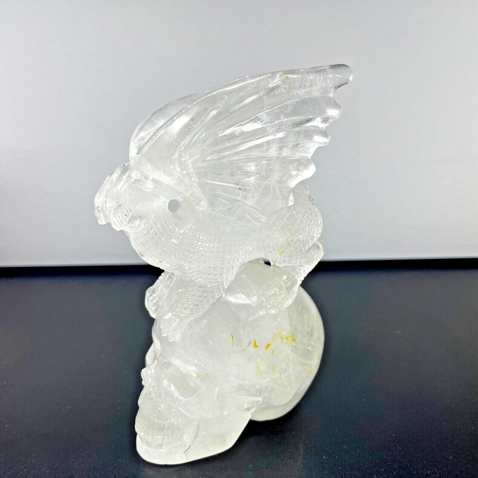 2.67lb Natural White Clear Quartz Carved Pterosaur Skull Crystal Reiki Gem Decor