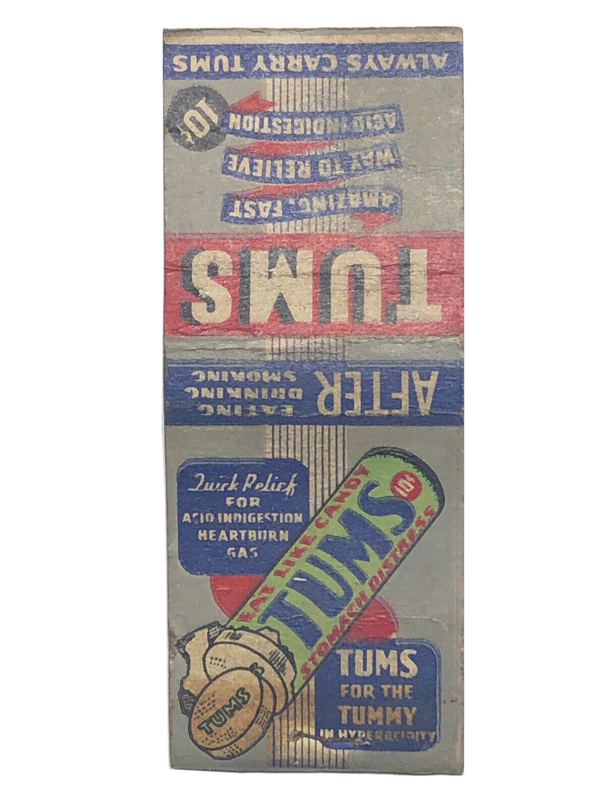 Tums Antacid Heartburn Candy Vintage 50s Advertising Matchbook Cover Matchbox