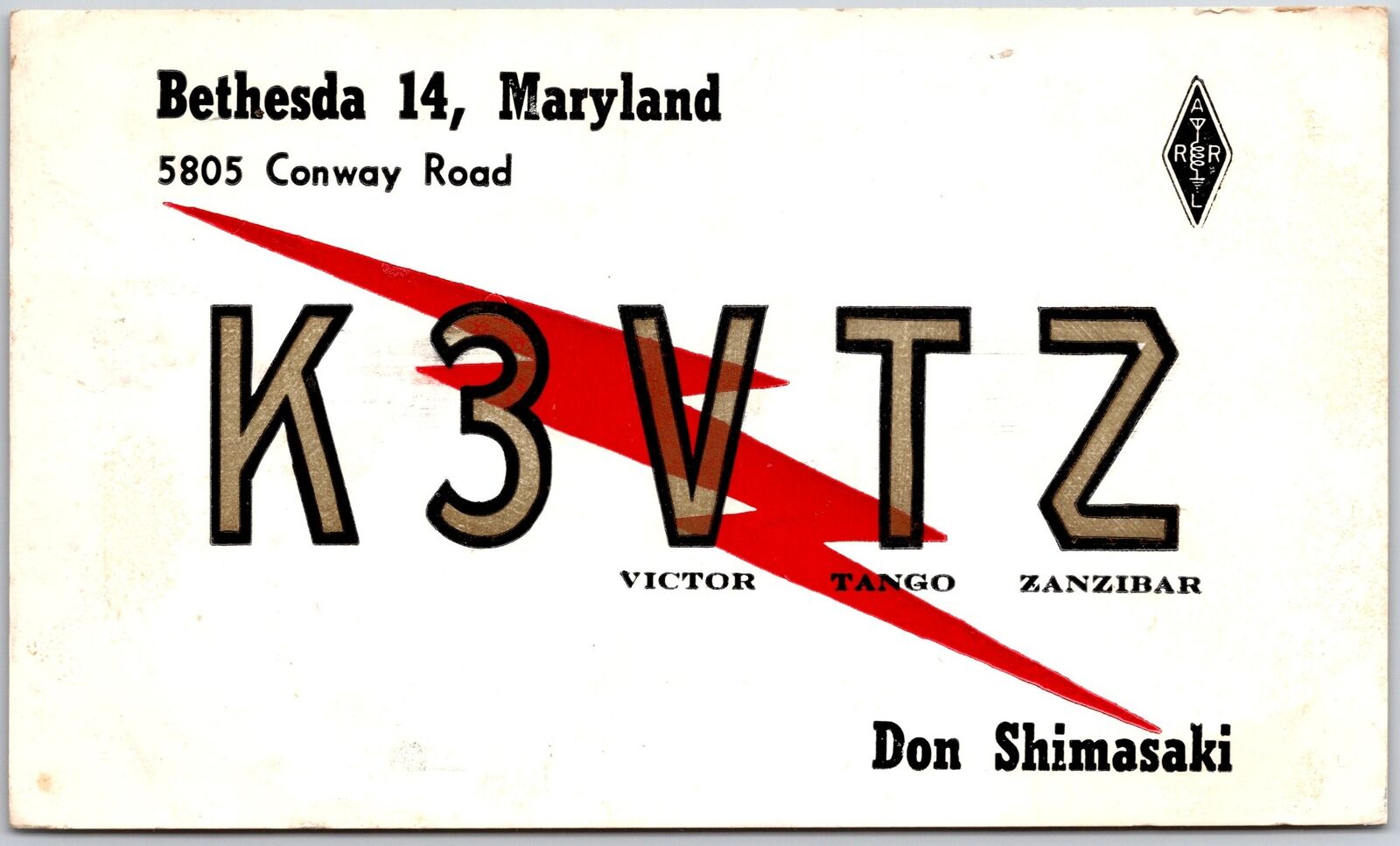 1963 QSL Radio Card Code K3VTZ Bethesda Maryland Amateur Station Posted Postcard