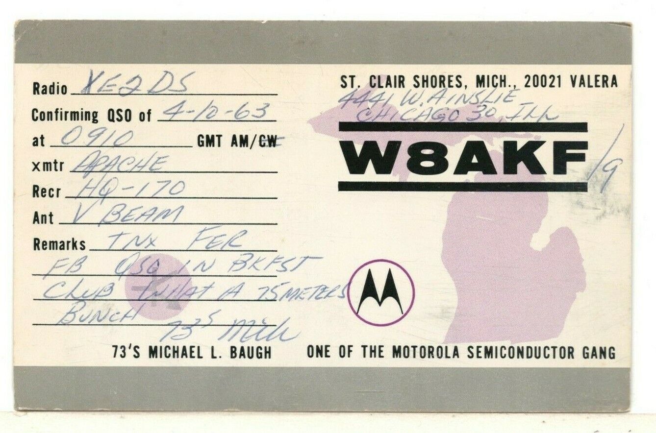 1963 QSL: W8AKF  Michael L Baugh  St Clair Shores MI – Motorola Semiconductors