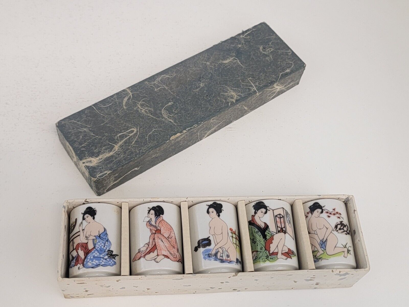Vtg Korean Erotica Shot Glass Set Ceramic Sake Cup Sensual Geisha Korea Souvenir