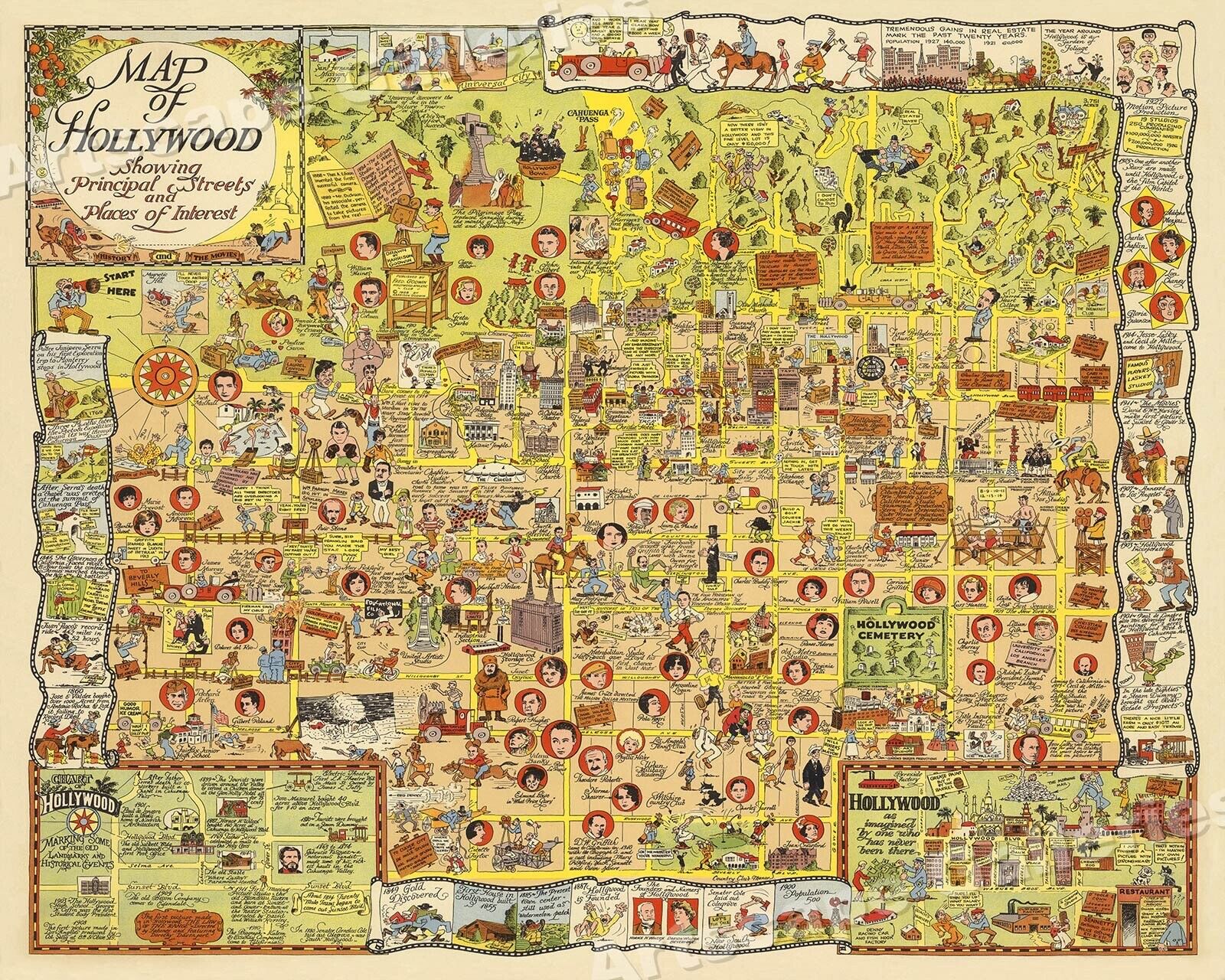 1928 Hilarious Map of Hollywood Vintage Pictorial Map - 16x20