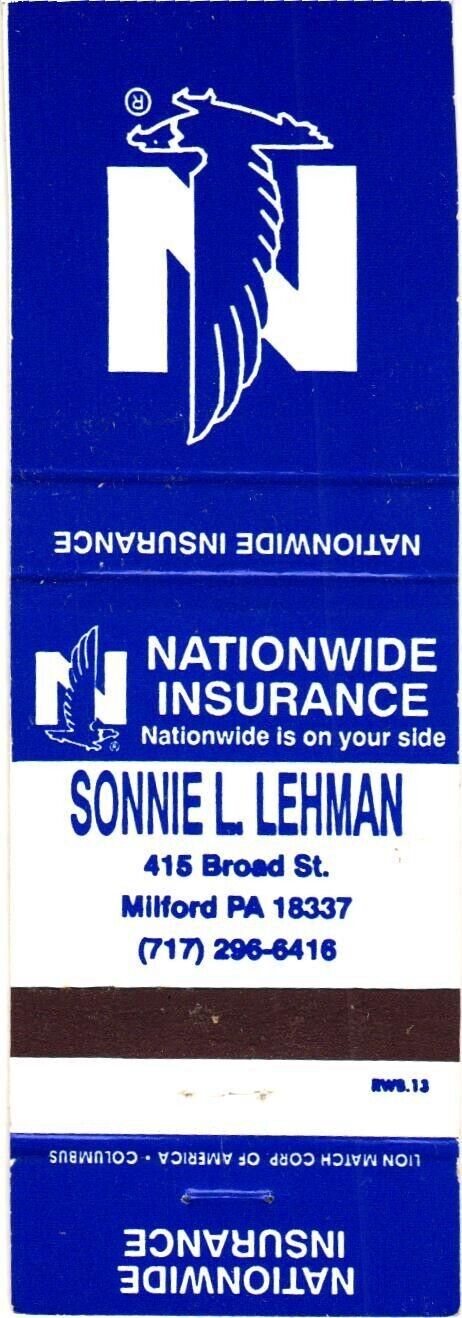 Sonnie L. Lehman, Milford, Penna, Nationwide Insurance Vintage Matchbook Cover