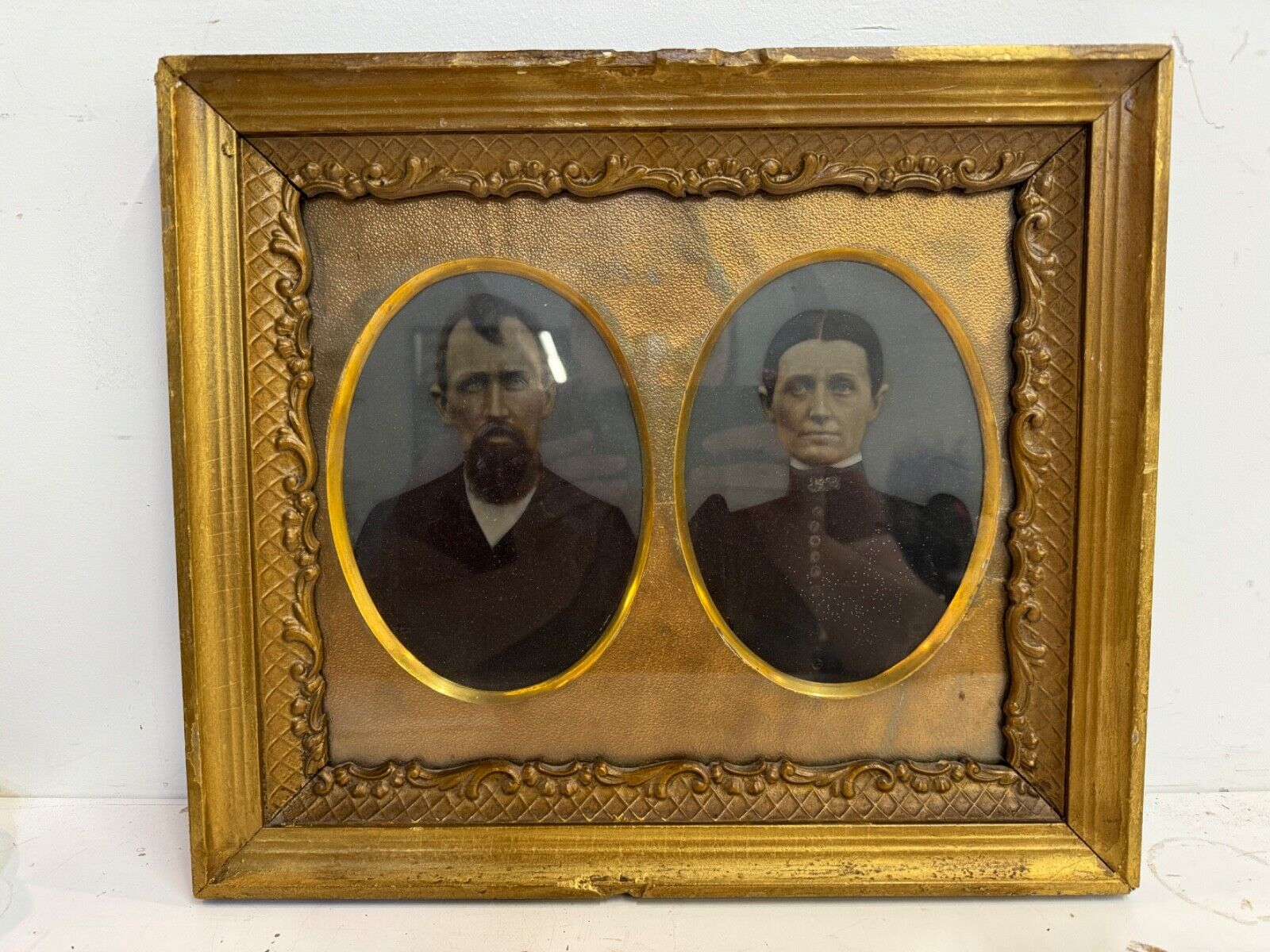 Antique Painted Tintype Photo Pair Oval Portraits George Hatfield Wallis&Sarah W