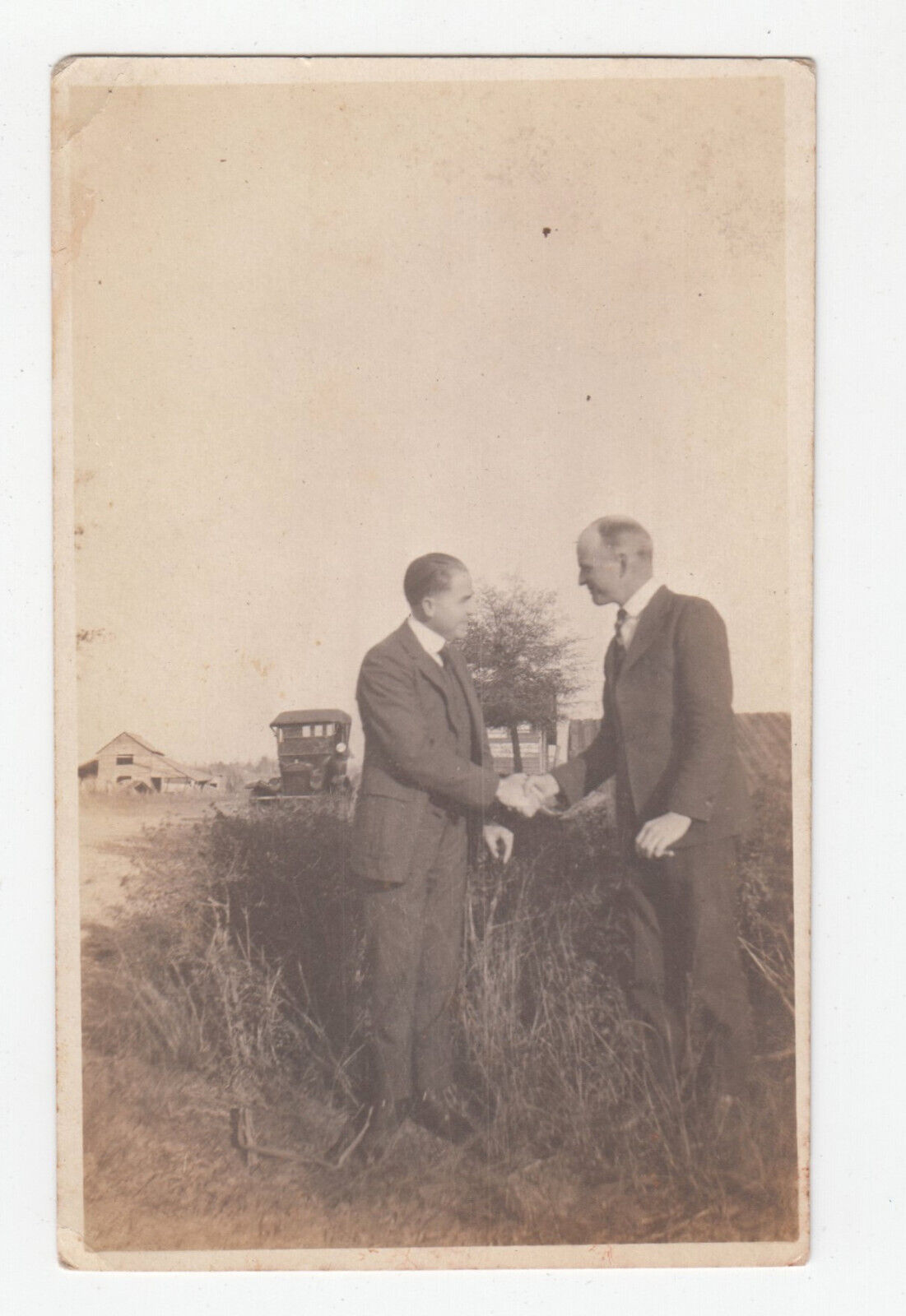 Vintage Photo early 1900s Men sharing Handshake Farm Field Id'd Old Car
