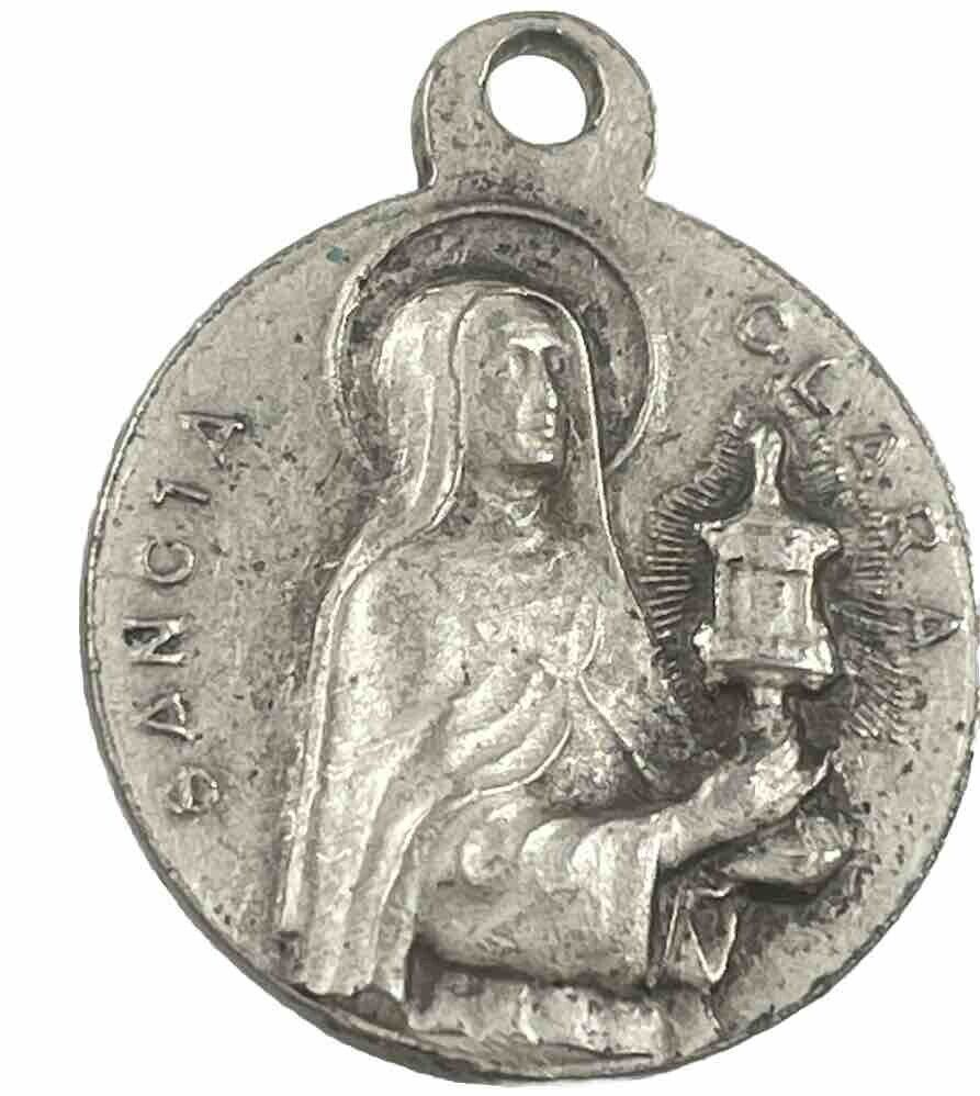 Vintage Catholic Sancta Clara, St Genesius Silver Tone Religious Medal