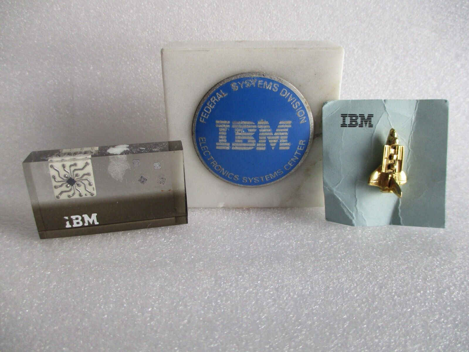 1980s NASA IBM SPACE SHUTTLE PIN PAPERWEIGHT & DESKTOP DISPLAY w/ CHIP - LOT(3)