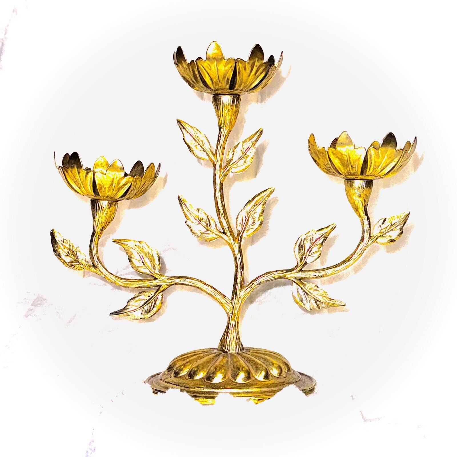 Vintage Hollywood Regency Golden Metal Flowers & Leaves Candle Holder