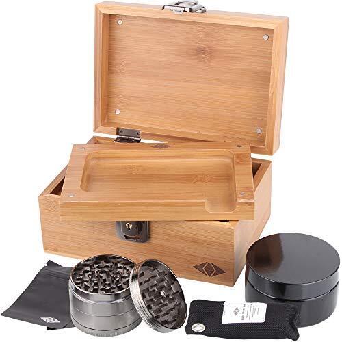 Premium Stash Box Kit with Lock – and Bamboo Wood Rolling Tray Combo, 100 mL Air