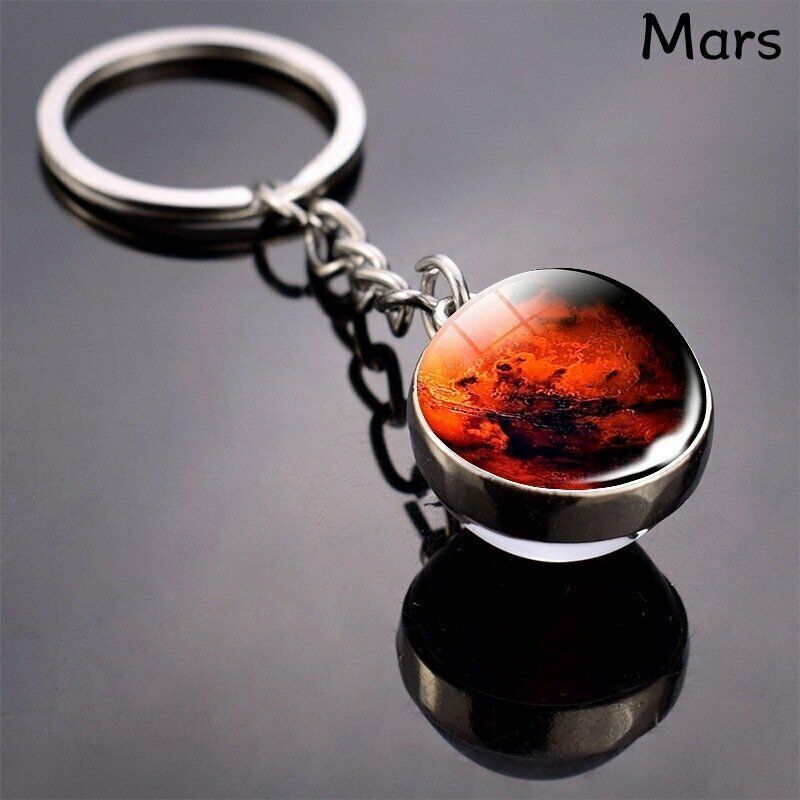 Glow in the Dark Galaxy System Keychain Double Sided Glass Dome Planet Keyring